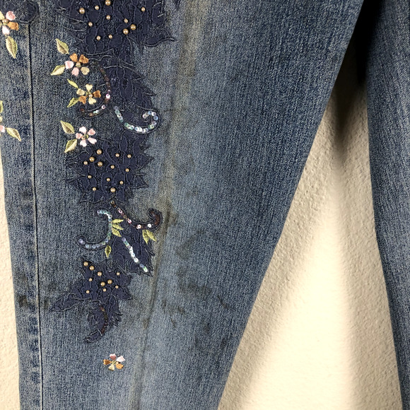 Lana Erica Jeans Blue Floral Embroidered Embellished Straight Leg Womens 4 - Picture 6 of 16